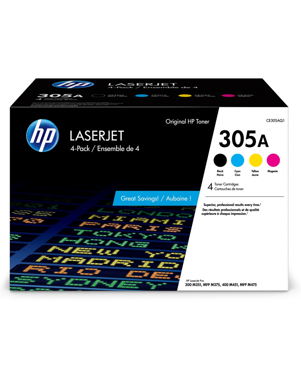 HP 305A 4-pack Black/Cyan/Magenta/Yellow Original LaserJet Toner Cartridges CE305AQ1