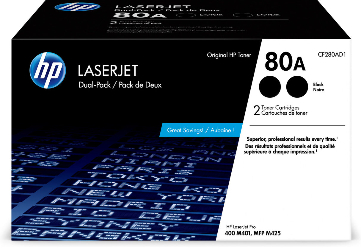 HP 80A 2-pack Black Original LaserJet Toner Cartridges CF280AD1