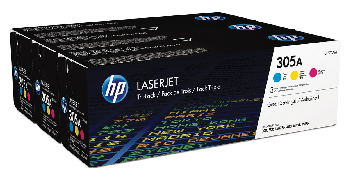 HP 305A 3-pack Cyan/Magenta/Yellow Original LaserJet Toner Cartridges CF370AM